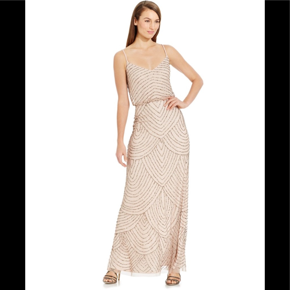Adrianna Papell Taupe Champagne Blouson Gown 14